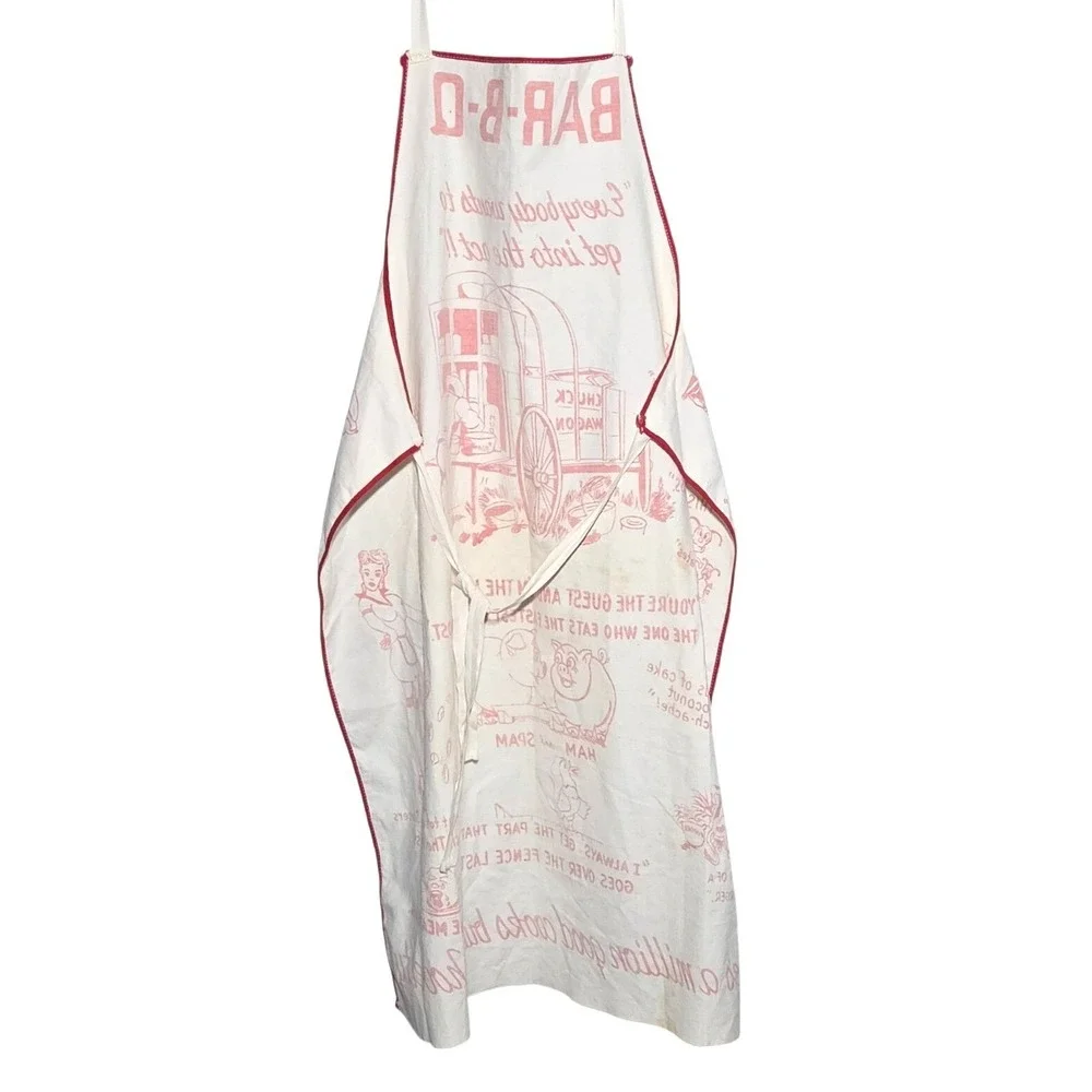 Vintage 50s BAR-B-Q Novelty Apron Red White Chuck Wagon Kitsch Mid Century BBQ